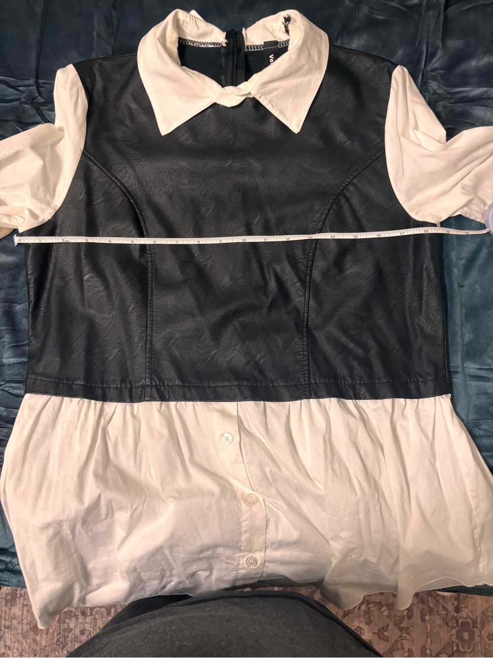 Women's Black faux leather Overlay & White Button-Down Shirt - Picture 9 of 12